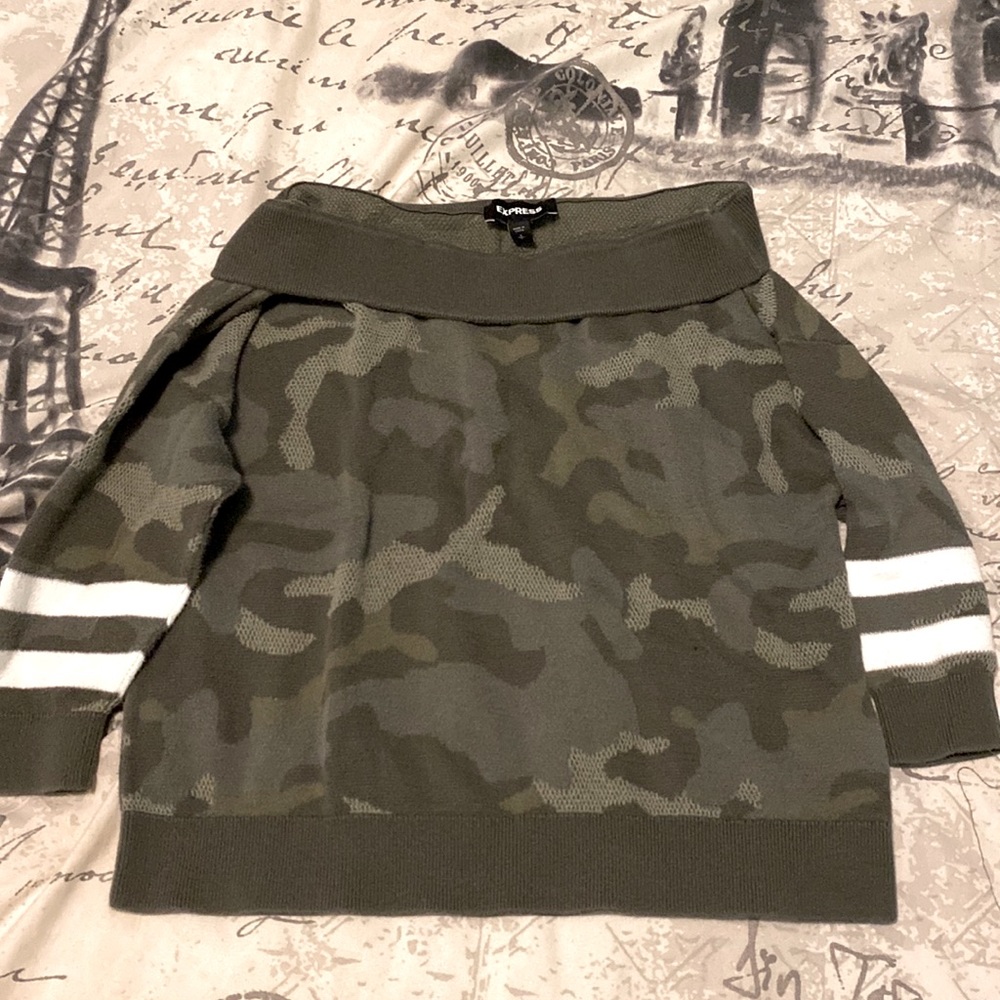 off the shoulder camo sweater